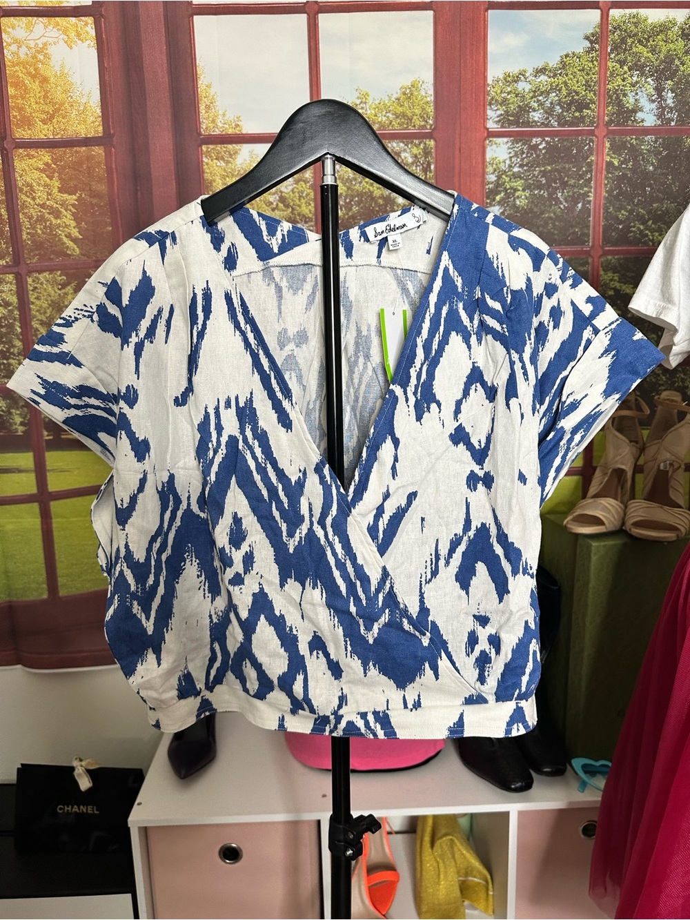 Sam Edelman Blue and White Ikat Faux Wrap Crop Top Boho New
